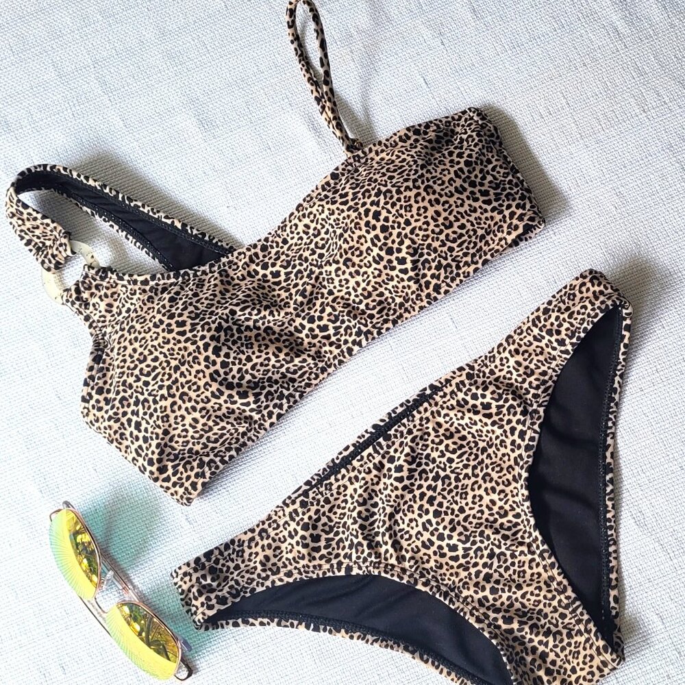 Cabana Del Sol Swim wear Bikini Set Leopard Black Brown Size S